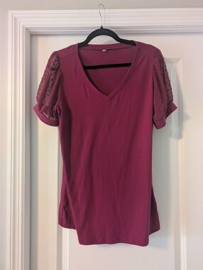 V-Neck Puff Sleeve Top - Wine Pink